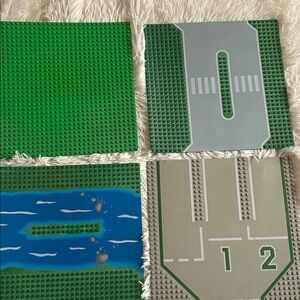 LEGO Baseplates with Green, Gray, and Blue Designs - 4 plates for small LEGO